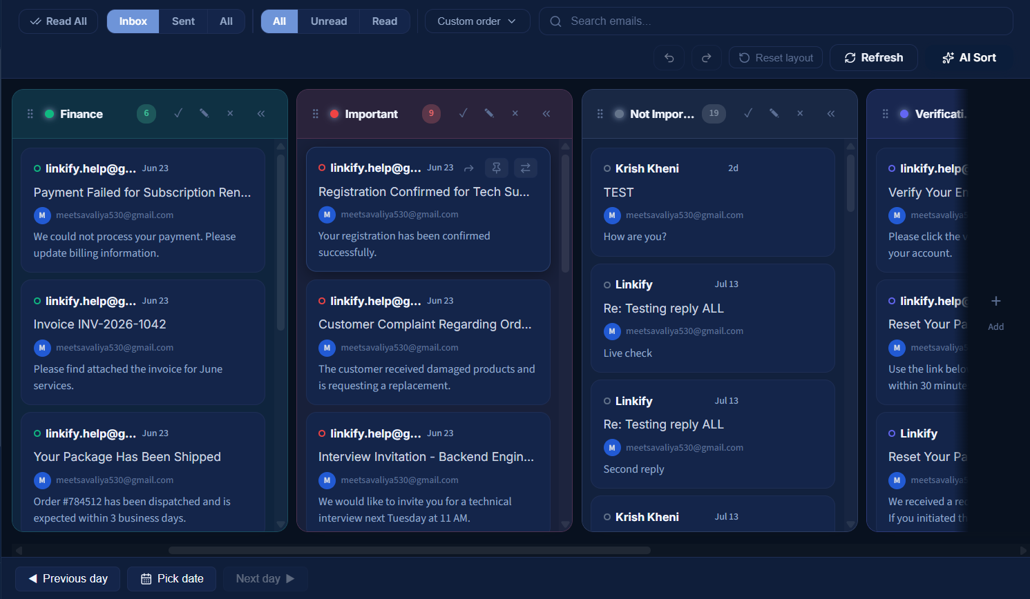 The same EmailsDaily inbox after sorting: emails organized into Finance, Important, Not Important, and Verifications
