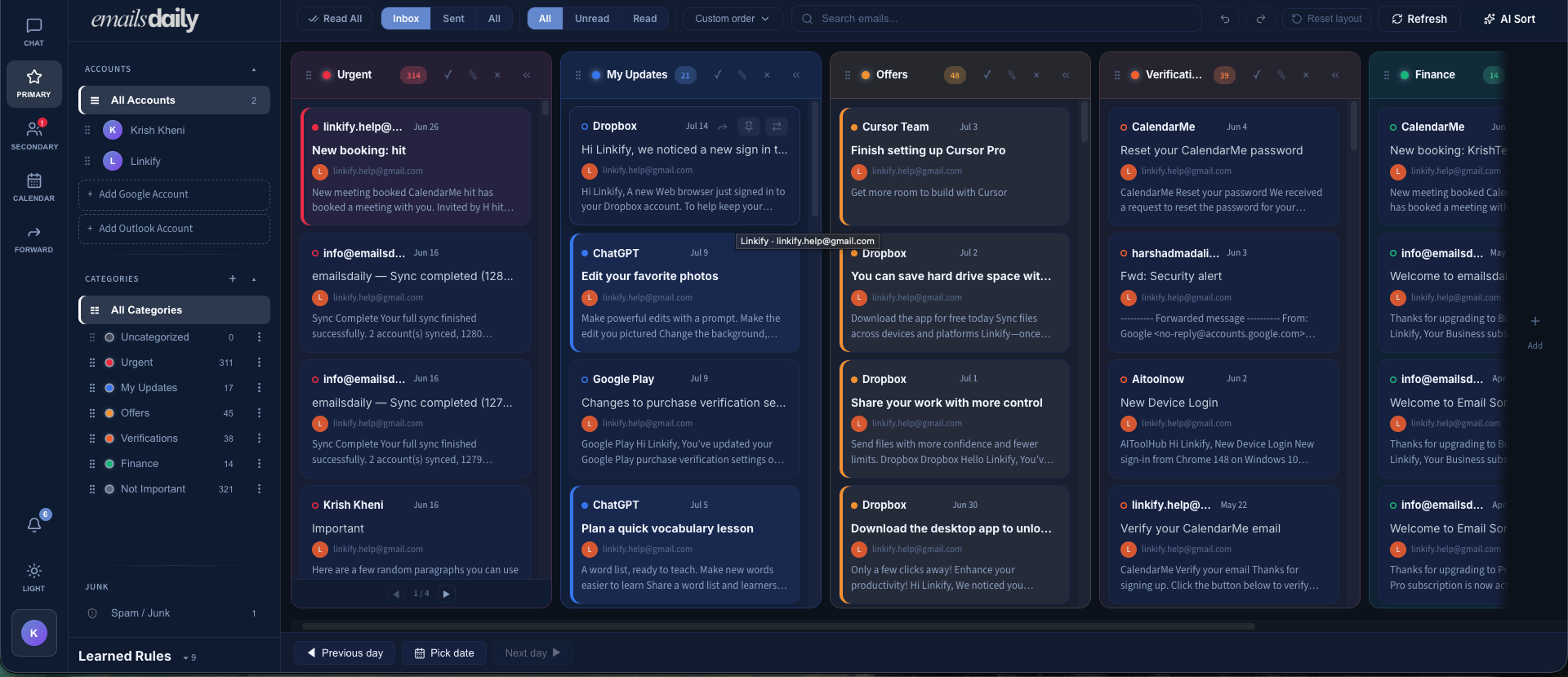 EmailsDaily inbox sorted into custom categories the user named: Urgent, My Updates, Offers, Verifications, and Finance