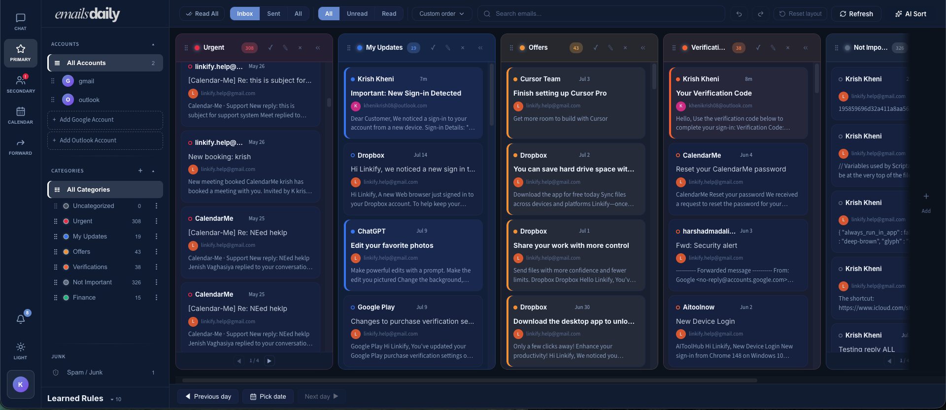 EmailsDaily unified inbox with both a Gmail and an Outlook account connected in the same view